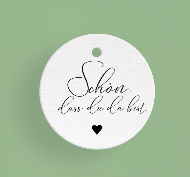 10 weiße Etiketten - Schön, dass Du da bist - Geschenkanhänger aus Leinenpapier